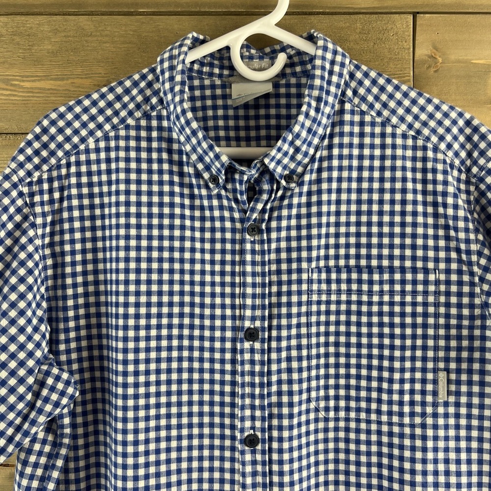Columbia Mens Shirt Short Sleeve‎ Button Up Regular Fit Gingham Plaid Blue Large - Picture 2 of 8